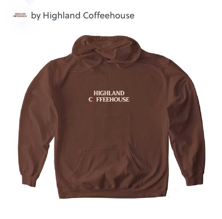 Brown Highland Coffeehouse hoodie with white text logo on chest and front kangaroo pocket
