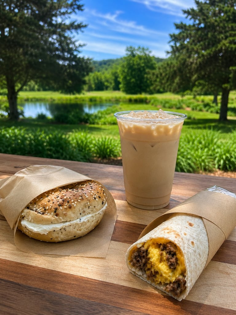 Outdoor picnic table with iced coffee and two wraps in paper wrapping, overlooking a scenic landscape with lake and mountains