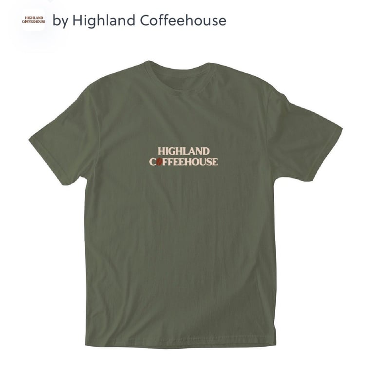 Olive green t-shirt with Highland Coffeehouse logo centered on chest