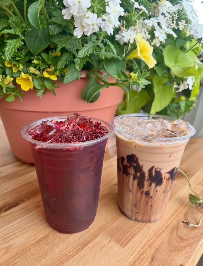 Two iced beverages on a wooden surface with potted flowers in the background. Left: dark red drink with ice. Right: tan-colored drink with dark swirl
