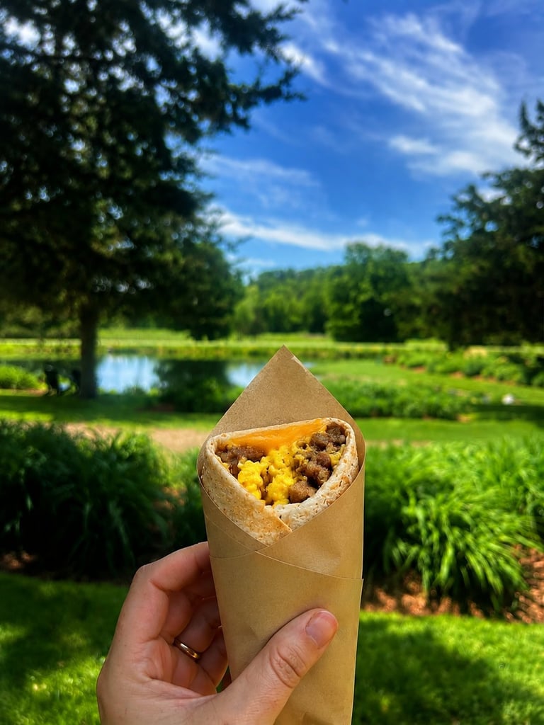 Hand holding a wrapped burrito with cheese and filling outdoors in a scenic park setting with green grass and water