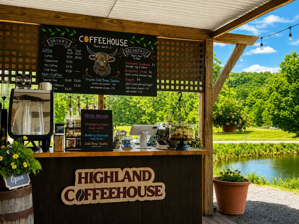 Highland Coffeehouse outdoor kiosk with menu board, counter, and river view surrounded by greenery